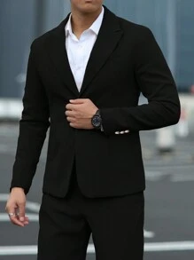 Manfinity Mode Traje de dos piezas para hombre compuesto por chaqueta con bolsillo con parche de unicolor y pantalones, Traje de hombre color rosa, Traje rosa para hombre, Traje de hombre, Traje de boda para hombre - Negro - Ver 1