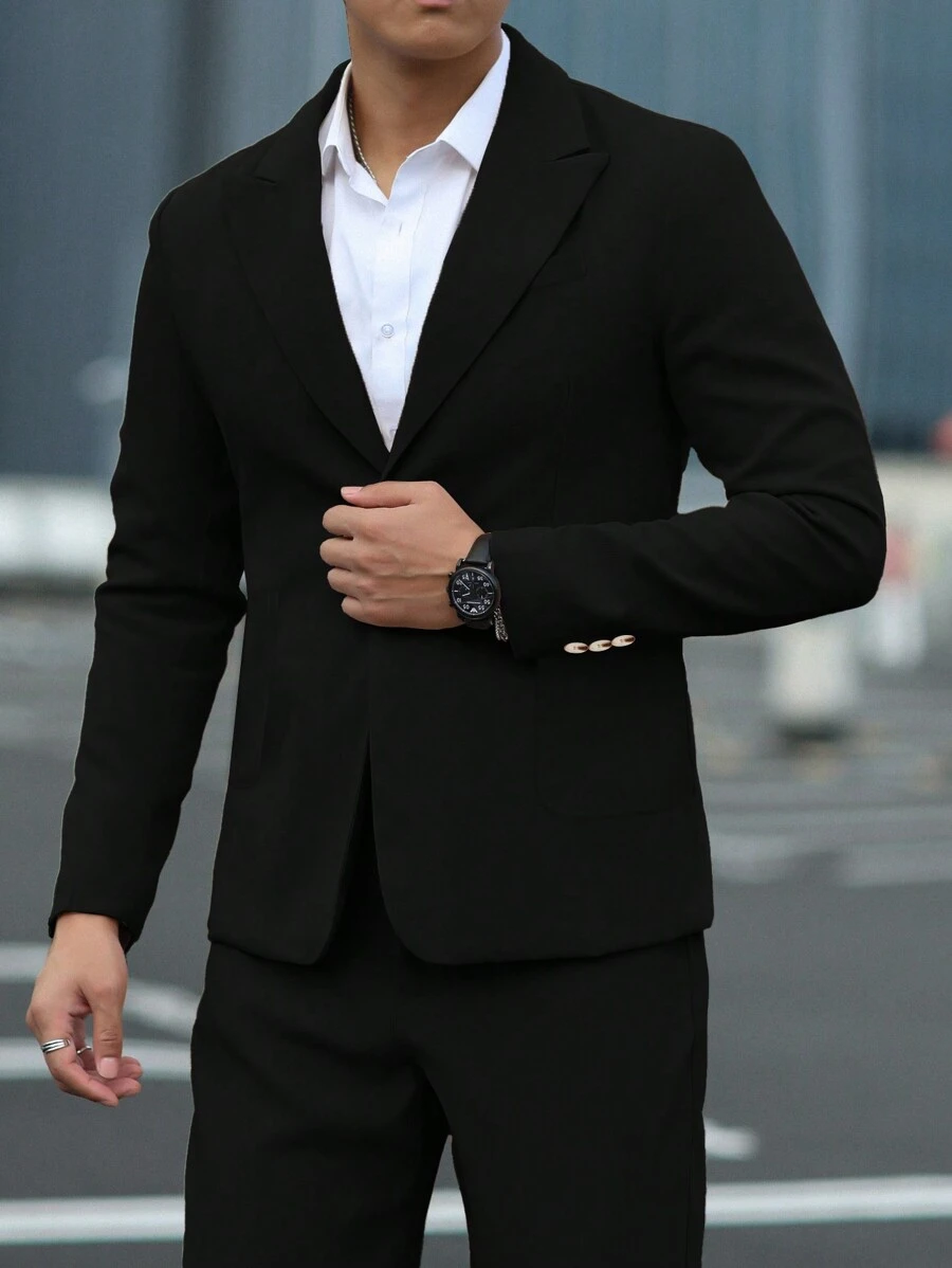 Manfinity Mode Traje de dos piezas para hombre compuesto por chaqueta con bolsillo con parche de unicolor y pantalones, Traje de hombre color rosa, Traje rosa para hombre, Traje de hombre, Traje de boda para hombre - Negro - Ver 1