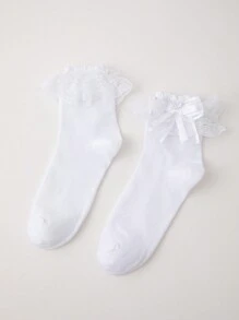 ROMWE Kawaii Women Solid Color Lace Splicing Fashion Versatile Mid-Calf Socks, Suitable For Daily Wear - White - View 2