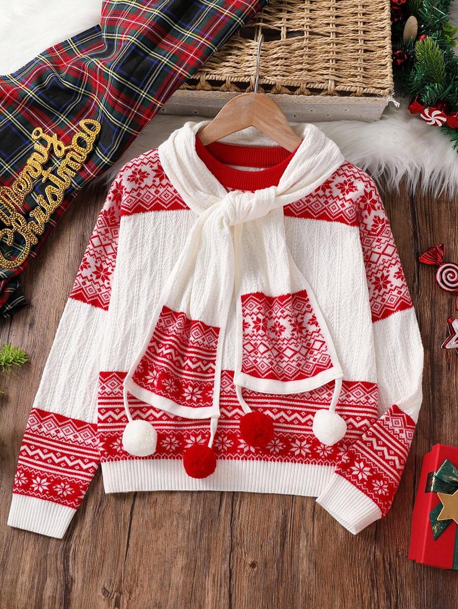 Pull jacquard à motif vintage et doux de style Fair Isle avec une écharpe assortie mignonne à pompon, pour Noël - Rouge - Voir 1