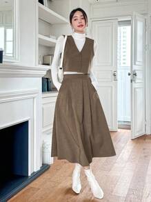 DAZY 2pcs Solid Color PU Vest & Skirt Set For Women,Fall Clothes - Coffee Brown - View 3