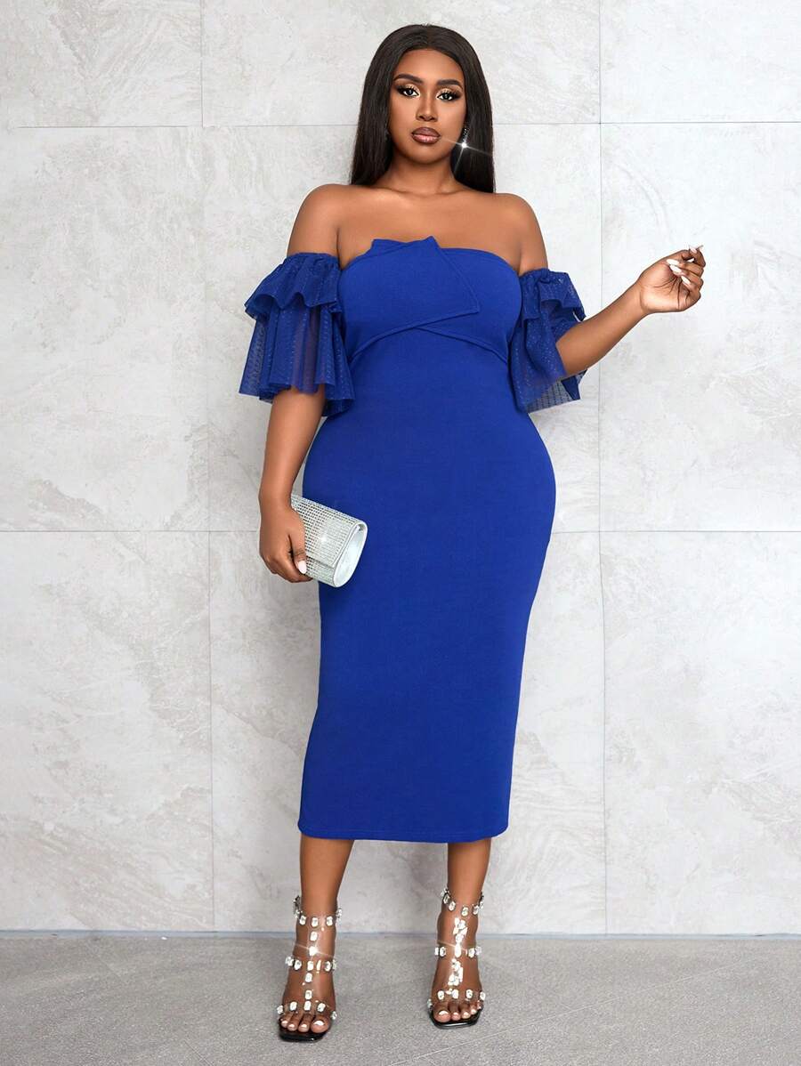 Slaydiva 优雅派对/场合/约会修身纯棕色露肩修身波尔卡圆点网眼拼接中长连衣裙，后开衩，大码，春夏 - 棕色 - 查看 1