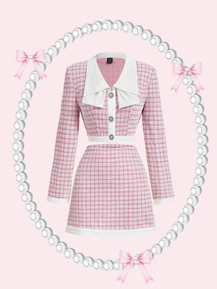 SHEIN MOD Women Pink Mini Suit Jacket And Skirt Set, Fall Two Pieces Sets,Blazer Dress,Women Blazers, Women Outfit,Two Pieces Fall Outfits,Women Skirt Set - Pink - View 1