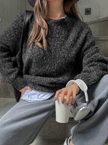 DAZY 休闲花卉印花蓬松针织毛衣，秋冬，秋季女装 - 黑色 - 查看 5