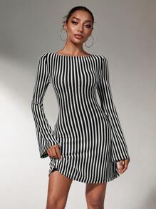 SHEIN SXY Women's Long Sleeve Simple Stripe Mini Dress, Casual For Daily Wear - Black - View 1