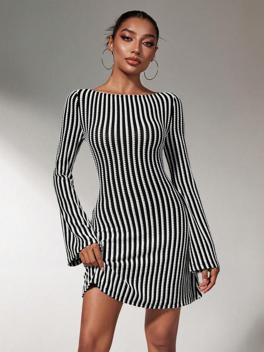 SHEIN SXY Women's Long Sleeve Simple Stripe Mini Dress, Casual For Daily Wear - Black - View 1