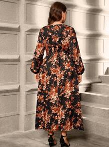 Reflora Vestido Midi Elegante de Manga Lanterna com Decote em V e Estampa Floral para Mulheres Plus Size, Ideal para Uso em Resorts - Preto - Visão 2