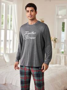 2 件套字母印花套头衫长袖羊毛格子长裤男士睡衣套装 - 灰色 - 查看 6