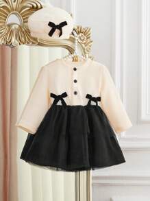 SHEIN Baby Girl Knitted Mesh Bow Decor Long Sleeve Cute Dress, Winter