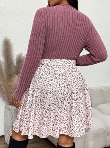 SHEIN Frenchy 大码圆领罗纹腰带长袖碎花连衣裙