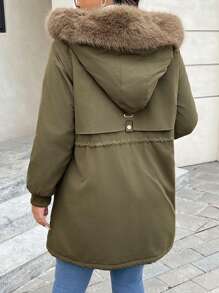 SHEIN Frenchy Manteau long rembourré décontracté pour femmes grandes tailles, vert armée, doublure thermique chaude, taille ajustable par cordon, poches, poignets côtelés coupe-vent, manteau d'hiver