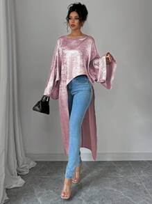 Elenzga Áo cánh rộng bóng bất đối xứng tay 3/4, thiết kế thanh lịch cho mùa xuân và mùa thu - Hồng - Xem 5