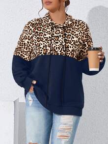 SHEIN LUNE Plus Leopard Print Drop Shoulder Drawstring Hoodie Sweatshirt - Navy Blue - View 5