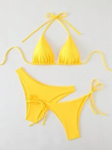 Swim Mod Set de 3 piezas de bikini para mujer de verano, de unicolor, con top halter sin espalda y nudo, conjunto con shorts triangulares