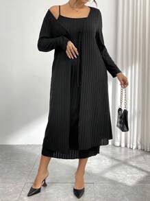 SHEIN LUNE Plus Size Women 2pcs Set: Solid Ribbed Camisole Dress & Front Twist Long Cardigan - Black - View 1