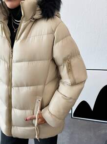 EURMUSE 撞色人造毛皮连帽羽绒冬季大衣