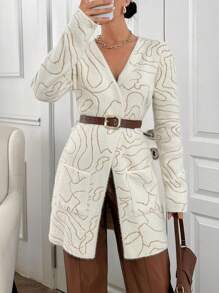 EURMUSE Women Geometric Pattern Hairy Yarn Open Front Pocket Detailed Cardigan - Beige - View 1