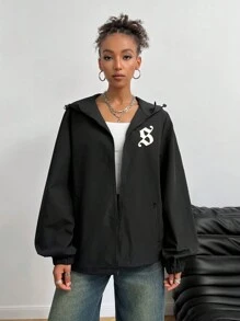 SHEIN EZwear 女士纯色前拉链长袖印花连帽夹克，休闲 - 黑色 - 查看 6