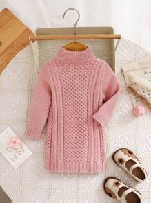 SHEIN Baby Girl Cute Minimalist Solid Color Turtleneck Long Sleeve Dress, Autumn/Winter