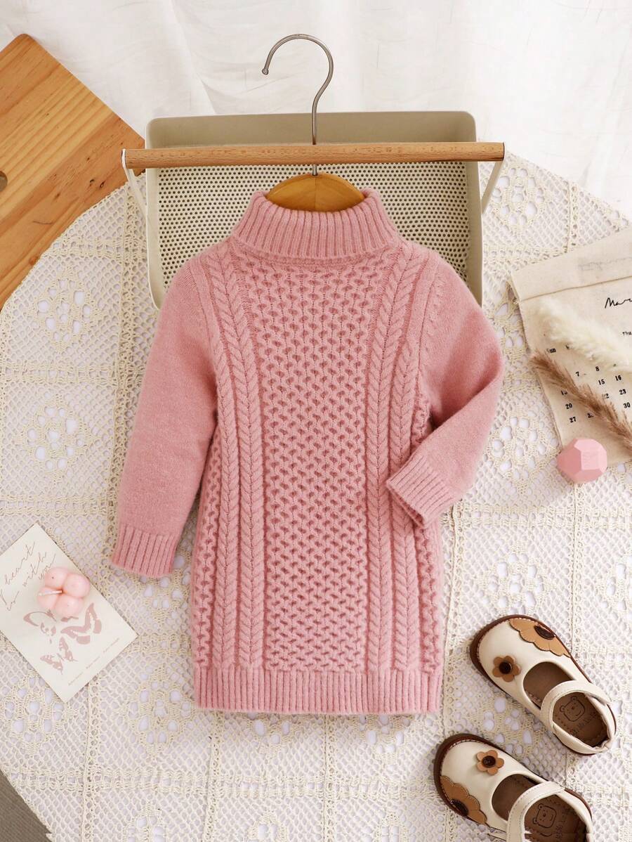 SHEIN Baby Girl Cute Minimalist Solid Color Turtleneck Long Sleeve Dress, Autumn/Winter