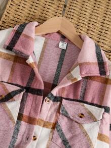 2pcs/Set Tween Girl Plaid Shacket And Jumpsuit Set, Autumn/Winter - Hot Pink - View 6