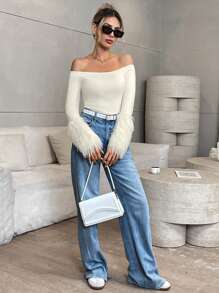 Chiquease Women's Autumn Off Shoulder Furry Patchwork Fitted Sweater, Knit Pullover Fall Winter - Beige - View 4