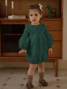SHEIN Baby Girl Cute Solid Color Lantern Sleeve Sweater Dress, Crew Neck, Autumn/Winter