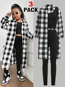 3pcs Tween Girls' Casual Black White Plaid Long Shirt, Round Neck Tank Top & Pants Outfit, Suitable For Spring Fall Winter
