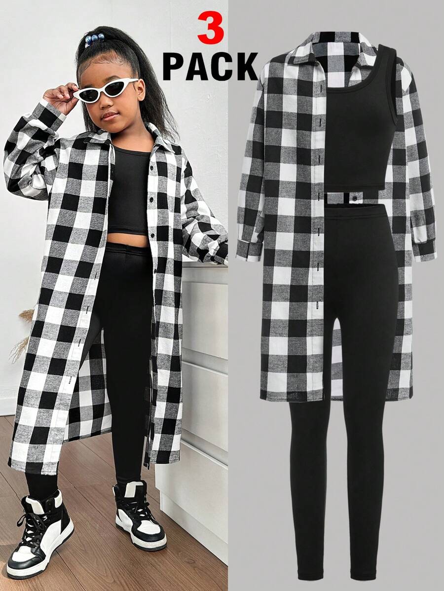 3pcs Tween Girls' Casual Black White Plaid Long Shirt, Round Neck Tank Top & Pants Outfit, Suitable For Spring Fall Winter