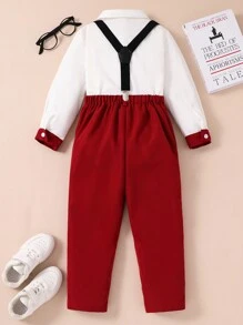 2pcs Young Boys Gentleman Refined Elegant White Collared Long Sleeve Shirt And Suspender Pants Suit Set, Fit For Weddings, Parties, Outings, Daily Gatherings, Autumn/Winter - Burgundy - View 2