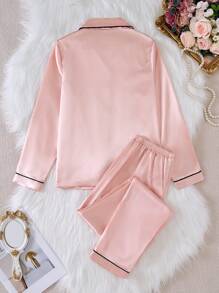 Teen Girl Contrast Piping Satin PJ Set - Coral Pink - View 2