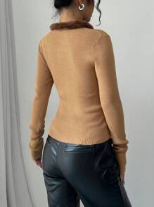 Chiquease Jersey de cuello en V de manga larga con detalle de empalmado esponjoso acanalado