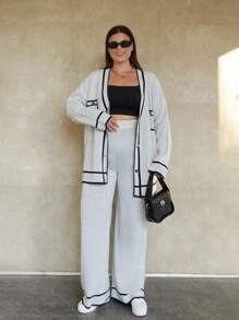 EURMUSE Plus Size Woman Cardigan Set Elegant Button And Pocket Look Detailed Comfy Warm Sweater Pants Co-Ords, For Winter