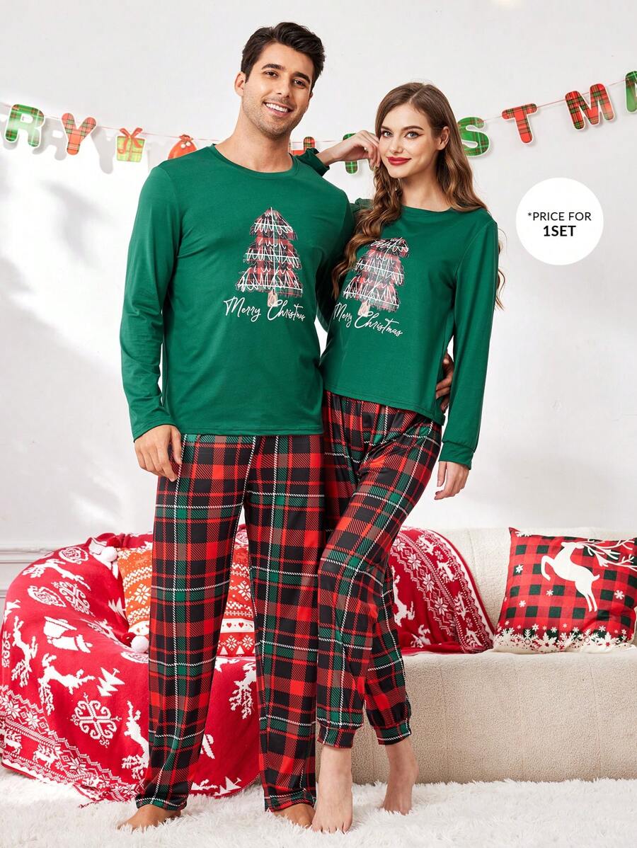 Manfinity Christmas Pattern Plaid Christmas Tree Print Long Sleeve Pajama Set For Men - Green - View 1