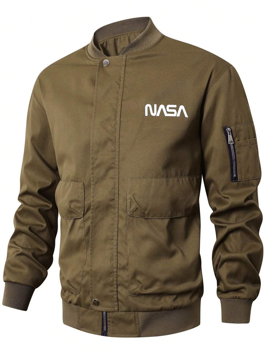 Manfinity Homme 男士休闲棒球夹克，带字母印花和拉链设计，秋季 - 棕色 - 查看 1