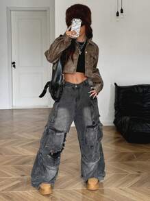 SHEIN EZwear Veste courte décontractée rétro à manches longues et épaules dégagées avec effet tie dye, automne - Acajou - Voir 6