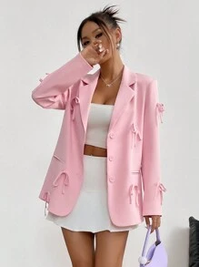 Rafferiza 1pc Women's Solid Color Stand Collar Long Sleeve Bowknot Blazer For Autumn Fall Cloth For Women - Pink - View 3