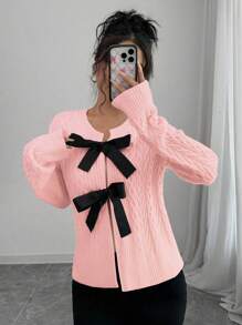 Chiquease Women's Bow Decor Round Neck Long Sleeve Casual Cardigan, Autumn/Winter Fall Cloth For Women - Baby Pink - View 1