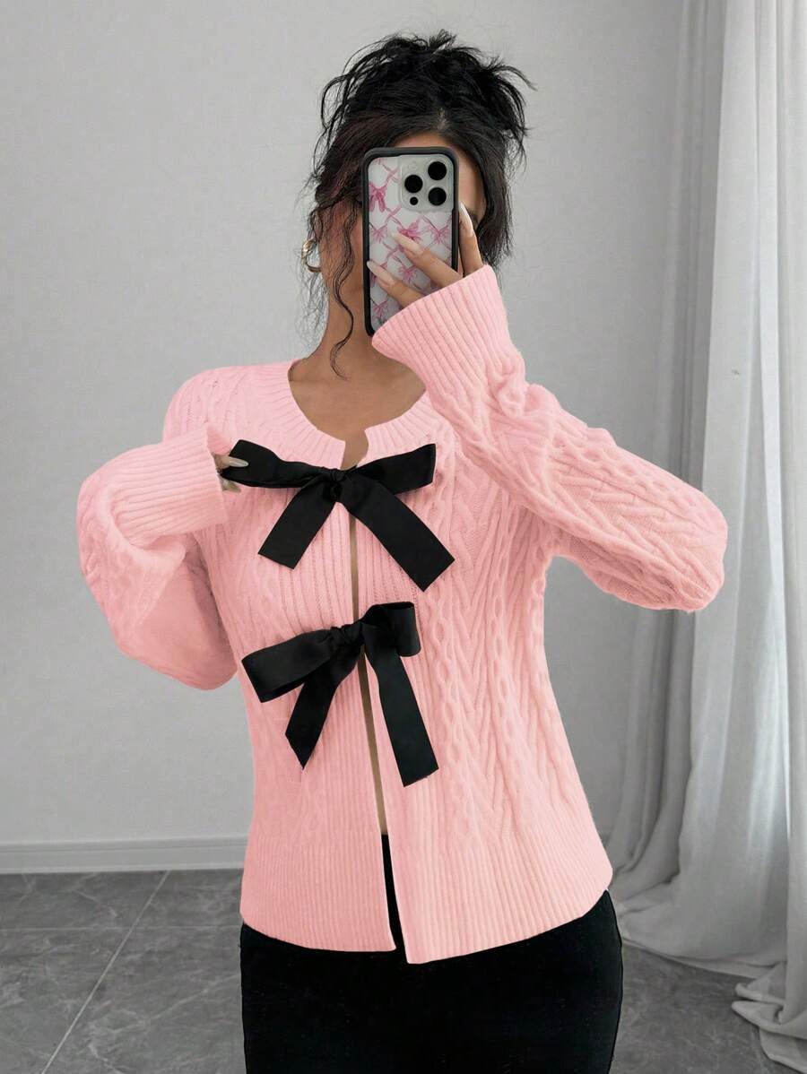 Chiquease Women's Bow Decor Round Neck Long Sleeve Casual Cardigan, Autumn/Winter Fall Cloth For Women - Baby Pink - View 1