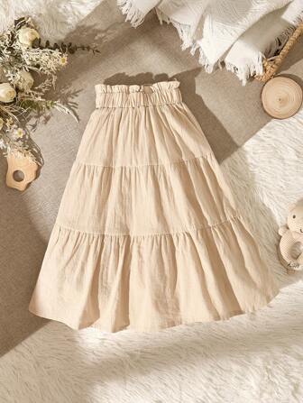 SHEIN Vintaside Kids Young Girl Countryside Style Comfortable Mid-Length Linen Skirt