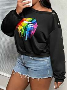 Slaydiva Plus Size Women's Elegant & Casual Fitted Solid Black Oblique Shoulder Buttoned Decor Lip Print Pullover Sweatshirt, Autumn/Winter - Black - View 3