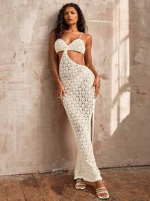 Opulessa Women Vacation Suspender Waist Hollow Cut Out Split Knit Sweater Dress - Khaki - View 4