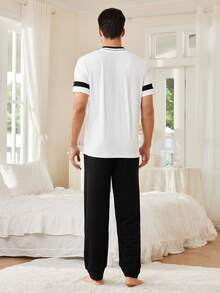 Men Contrast Color Block V-Neck Short Sleeve Letter Print Top And Long Pants Casual Pajama Set - White - View 2