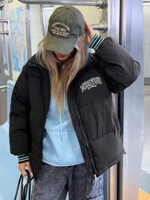 Aveloria Affinna Abrigo acolchado holgado para mujer con diseño de bloque de color, puño estriado, estampado de letras y rayas, para otoño/invierno