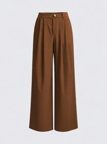 SHEIN BASICS Women Casual Solid Color Woven Loose Fit Pants With Pockets - Coffee Brown - View 1