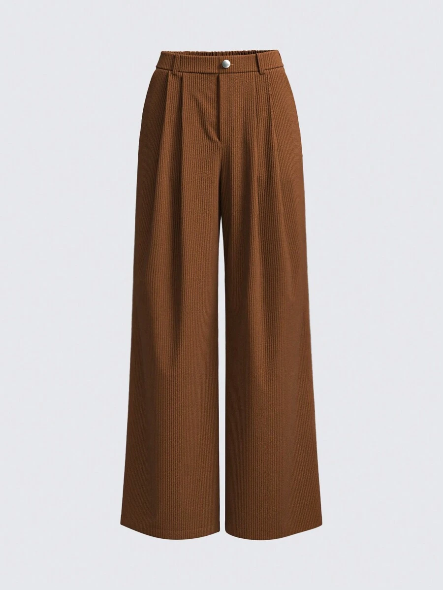 SHEIN BASICS Women Casual Solid Color Woven Loose Fit Pants With Pockets - Coffee Brown - View 1