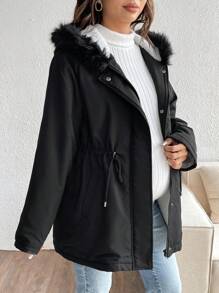 SHEIN Maternity Casual Solid Color Drawstring Waist Fleece Long Sleeve Hoodie Jacket, Hoodie Jacket, Autumn/Winter