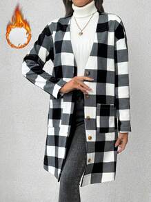 SHEIN Privé 秋冬季加厚保暖格子连帽外套带口袋，休闲时尚中长款夹克 - 黑與白 - 查看 4