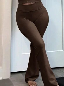 Plus Size Solid Color Minimalist Fold Waist Leggings, Casual Daily Wear - Cà phê nâu - Xem 3