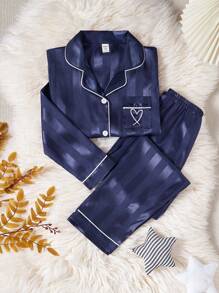 Girls Striped Long Sleeve Cardigan & Pants 2 Pieces Pajama Set, Champagne Color, For Older Tween Girl - Royal Blue - View 4